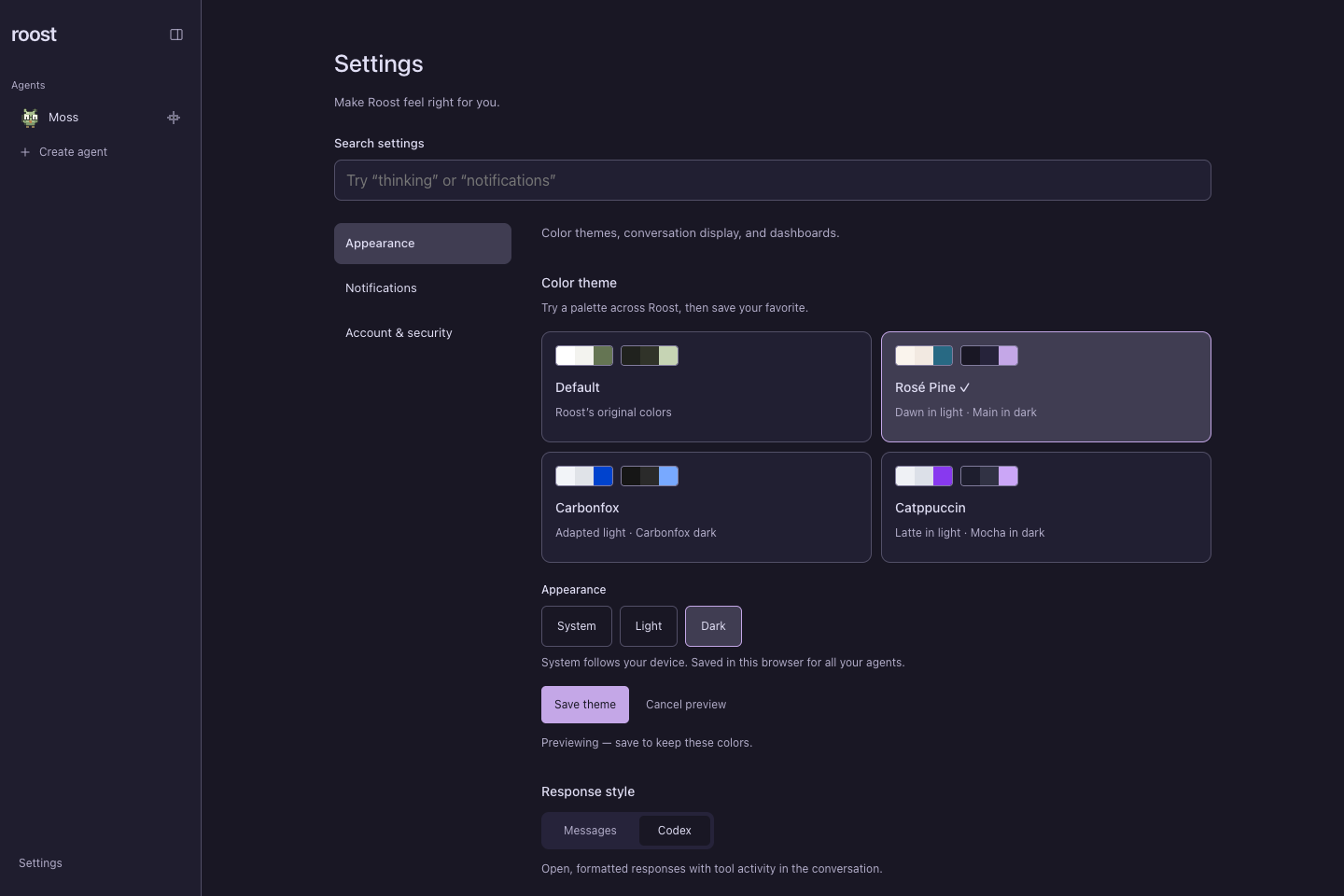 Appearance settings previewing Rosé Pine Dark, with theme choices and Save theme and Cancel preview controls.