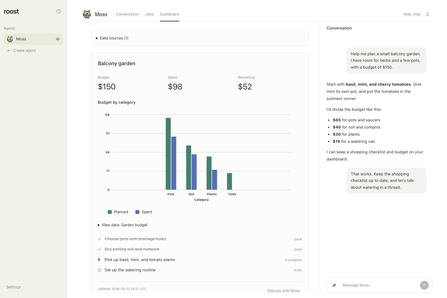 Garden dashboard showing budget metrics, a grouped bar chart, a task list, and the conversation alongside.