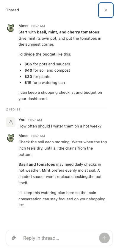 A full-screen mobile reply thread with the original message, two replies, close button, and composer.