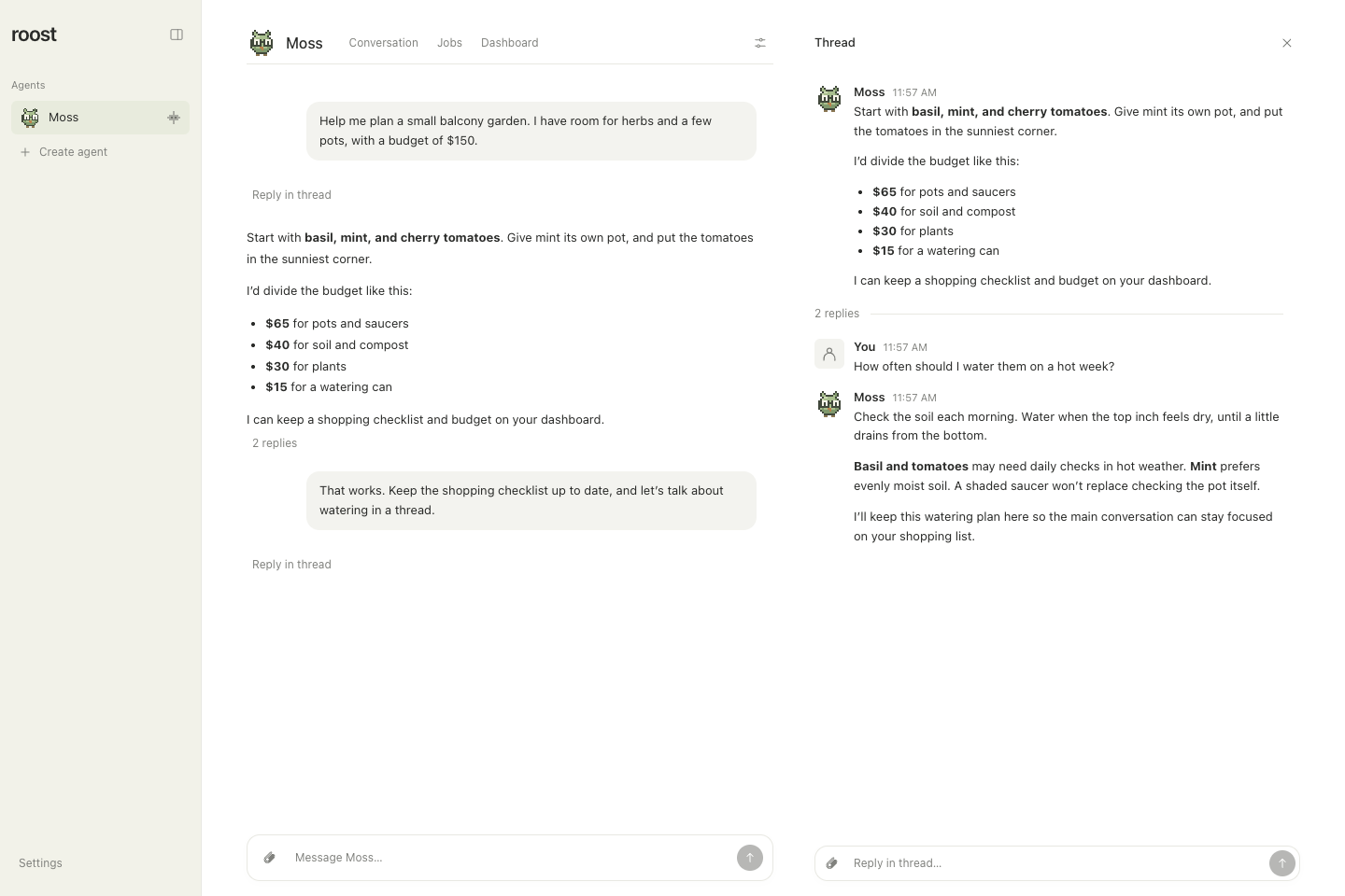 Desktop conversation beside its reply thread, showing the parent message and two replies.