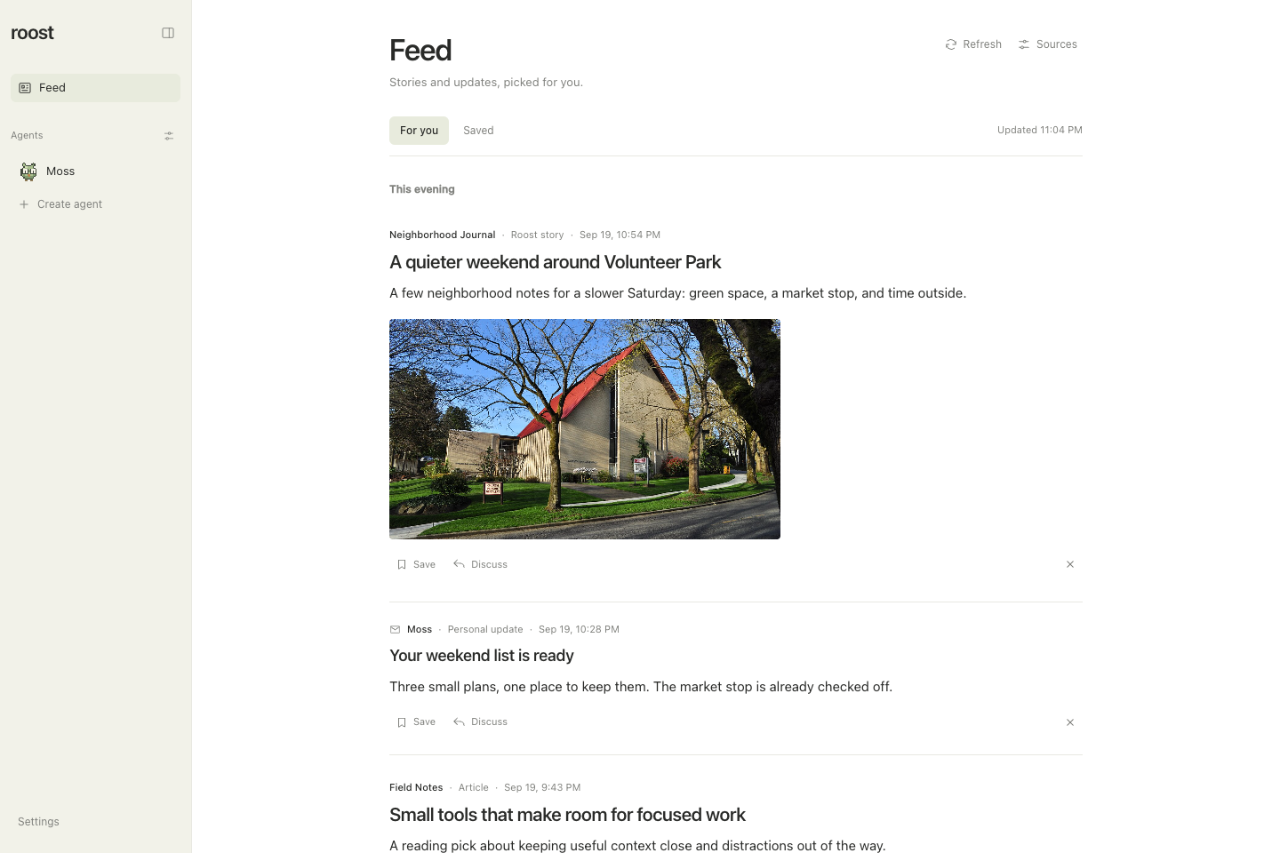 Shared Feed with a dated story, source photo, personal update, and Save and Discuss controls.